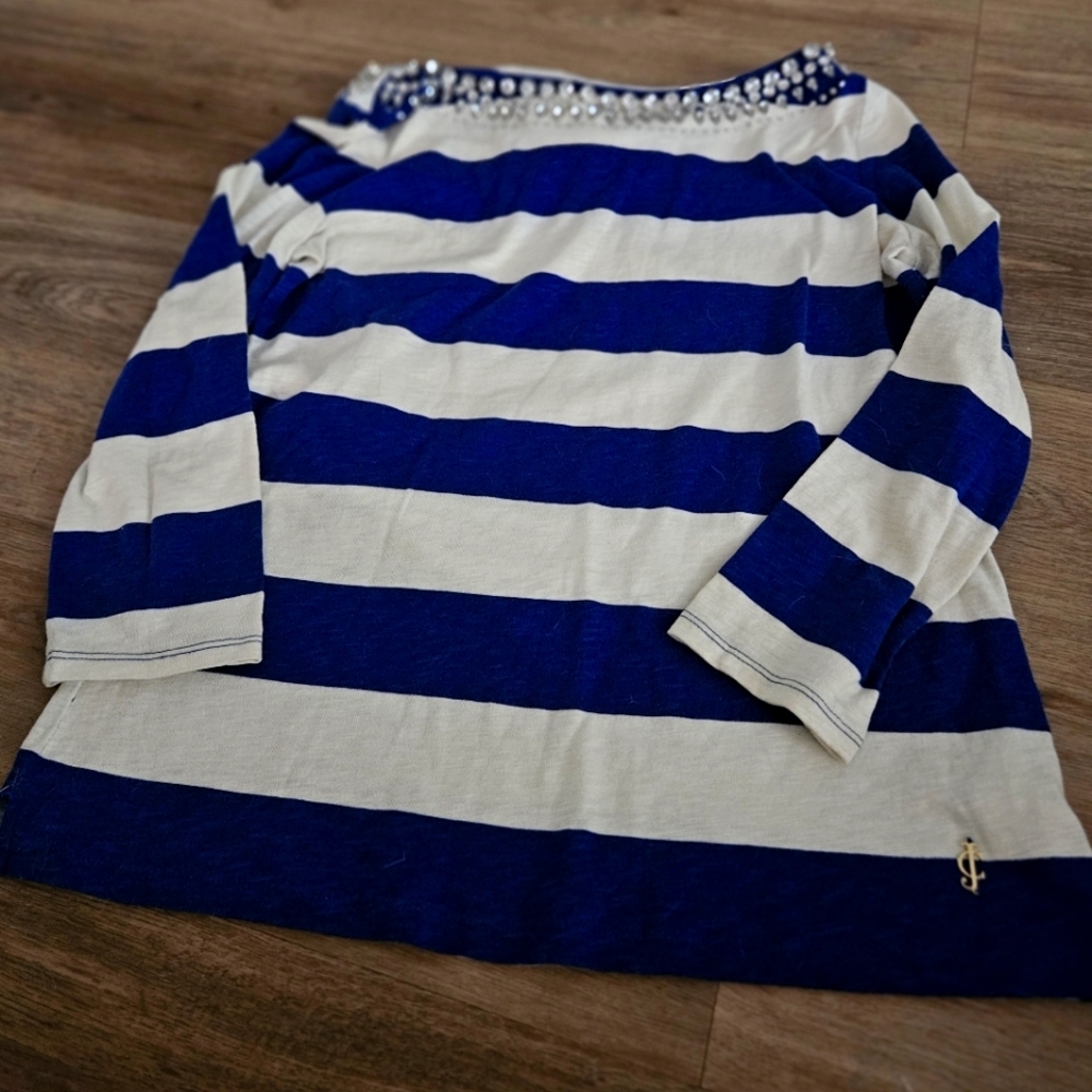 Blue and White Striped Top with Embellished Neckline